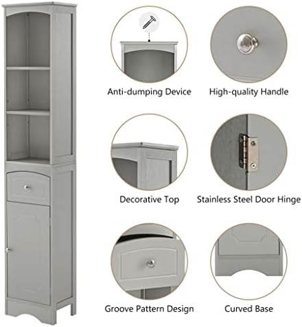 MFCHY Отделно Стоящ Шкаф за Съхранение Баня с чекмеджета от МДФ с Регулируеми Рафтове Висок Шкаф за Баня, Сив Цвят