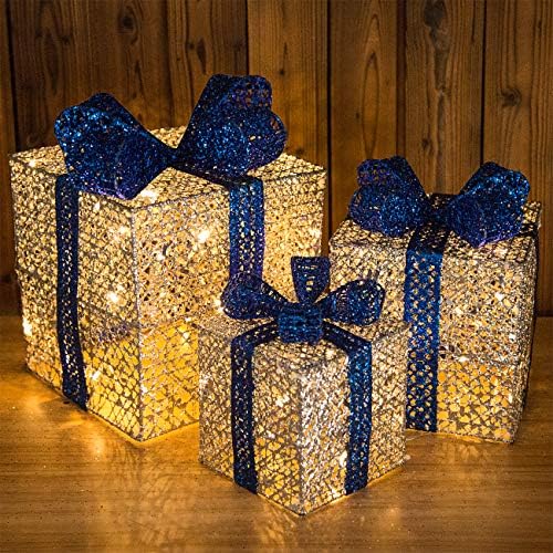 Sunnyglade 10-8-6 Комплект от 3 Коледни Подаръци кутии с Подсветка и Щепсел за Коледната декорация, Сватбени декорации за Двор,