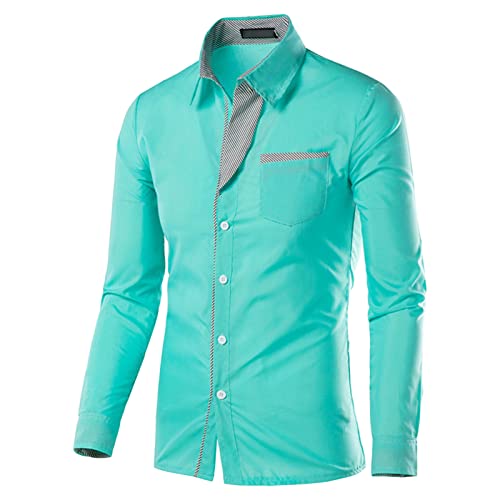 Maiyifu-GJ Стилни Мъжки ризи с дълъг ръкав, Ежедневни ризи с копчета в стил мозайка, Отгоре с отложным яка и джобове (Син, 3 размера)