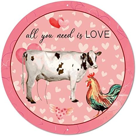 Кръгла Метална Плоча с Надпис: Свети Валентин е Всичко, което ви трябва, Е Любовта на Една Животно, една Крава Ретро Венец Знак