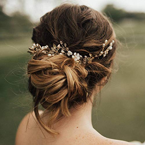 Unicra Bride сватбени цвете за коса, лоза, превръзка на главата с листа, перли, аксесоари за коса, за жени или момичета (злато)