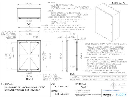 Пластмасова Външна кутия BUD Industries NBC-10372 Style C 32,05 L x 24,18 W Сиво
