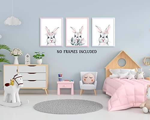 Tuyashua Прекрасни Акварели Плакати с детски животни, Комплект от 3 рисунки с изображение на заек заек (8 × 10 инча), Стенни рисунки