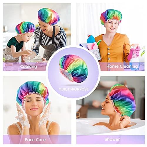 Шапка За душ серия Rainbow 2 опаковки, 12-инчов Двойна Водоустойчива мека подплата PEVA (A) и Шапка за душ в Златната ивица на 2