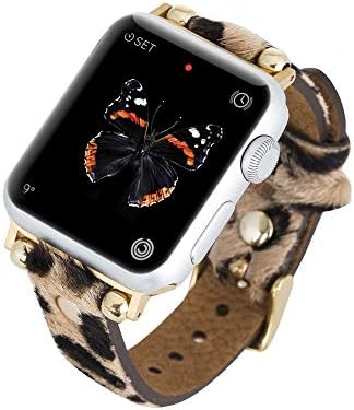 Тънка каишка за часовник Venito Perugia от висококачествена естествена кожа със златни нитове, Съвместим с Apple Watch серия 1,2,3,4,5,6,7,